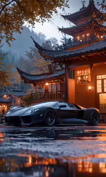a sports car sitting outside a temple at night