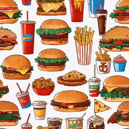 a bunch of fast food that is all over,an image of a poster with different burgers