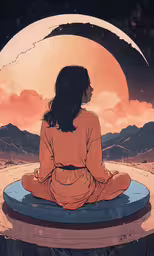 woman sitting on top of a bed staring at the moon,a person sitting on top of a stone structure