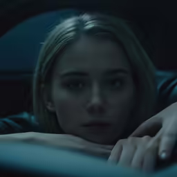a woman looking into the camera while sitting in a car