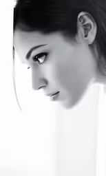 a close up of a woman in black and white