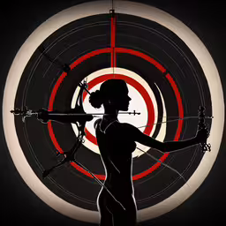 the woman is practicing archery by herself with the arrows,a woman holding two arrows while standing in front of a target