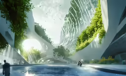 a man walking down a road in front of a large waterfall