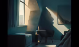 an empty room with a wall and a chair with a seat