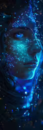 an abstract artwork with lots of blue dots,the artwork of artist jodi lee features space and light up spacey water