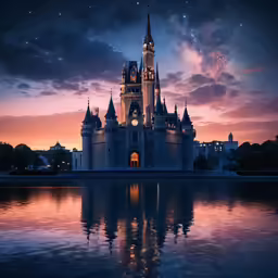 a castle is in the water near a bright pink sky
