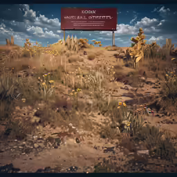 a dirt field with cacti in front of a sign