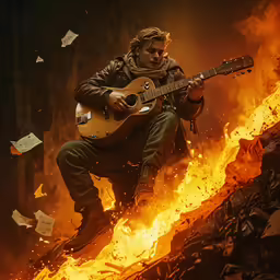 the man is playing guitar as he stands over a fire