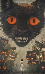 the girl and the cat are surrounded by evil orange eyes