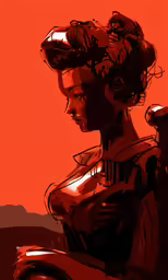 woman in red and orange with a large afro