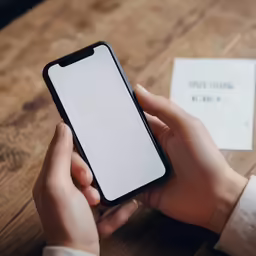 a woman holding a smart phone on top of a wooden table