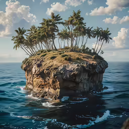 a small island with three small trees on top in the ocean