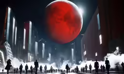 the giant red ball is floating over a city