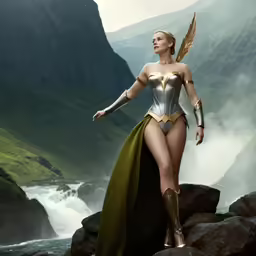 a beautiful woman in a costume standing on top of a rock