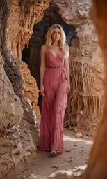 a woman in a pink gown standing near rocks