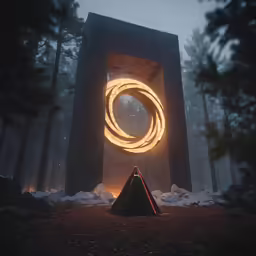 a man standing in front of a sculpture with fire