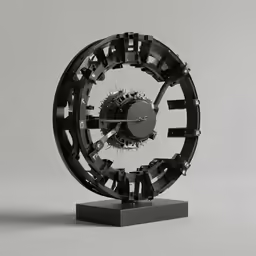 a clock made out of metal parts and wheels