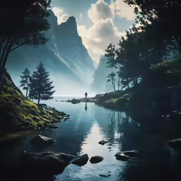 a river with mountains in the background and a lone person standing in the water at the edge