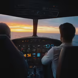 two pilots in the cockpit of a plane while one looks at the water