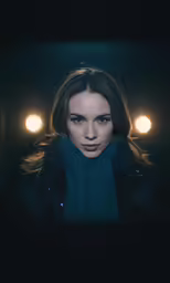 a woman standing in the dark staring at something
