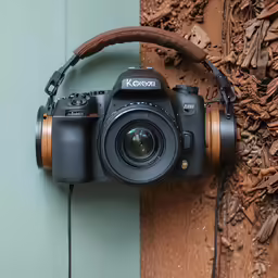 a camera with headphones sitting next to it on the wall