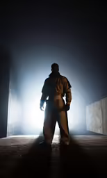 a man stands in a room with a spotlight
