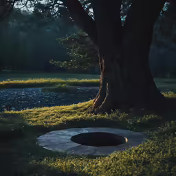 a tree sitting next to a fire pit in a field