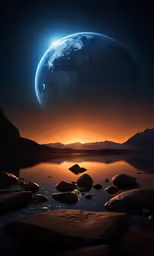 a view of the moon from the water with rocks in it