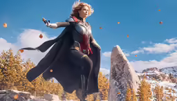 a woman is in costume, jumping on top of a rock