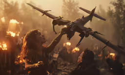 a woman reaches for an airplane above some people
