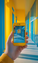 a person is holding up a yellow phone
