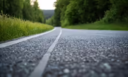 an empty road with no cars and lots of trees