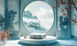 a round mirror is on display in front of flowers