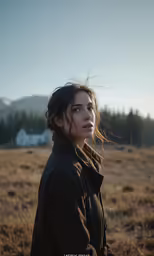 a woman looks off into the distance while in the field