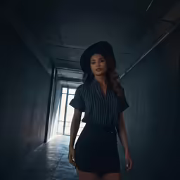 a young lady walking down an dark hallway