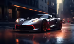 an image of a grey sports car in the rain