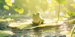 a frog sitting on the lily pad of water