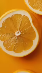 an orange cut in half sitting on top of a yellow surface