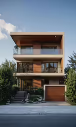 an unusual home with a large garage has a balcony