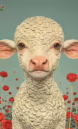 an art painting with a sheep in front of red flowers