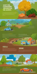 two different levels of water, trees and a building,info poster about different types of camping in the countryside