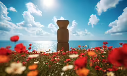 a picture of some flowery bushes with a sun behind it