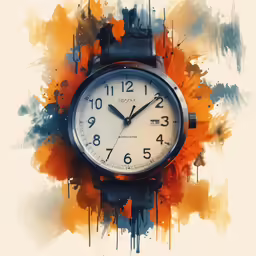a black and white clock on top of an orange and gray splatkled background