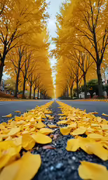 the tree lined street has leaves scattered on it