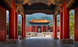an ornate asian structure with orange pillars and red columns