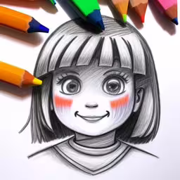 a drawing of a girl with four colored pencils,colored pencils surround the face of a young girl