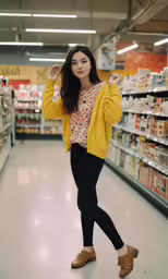 an asian woman poses in a grocery store