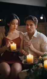 young man lighting candle with woman beside