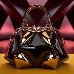 a handbag sitting on top of a table with a red wall behind it