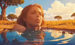 there is a young woman in the water that has a reflection on her face